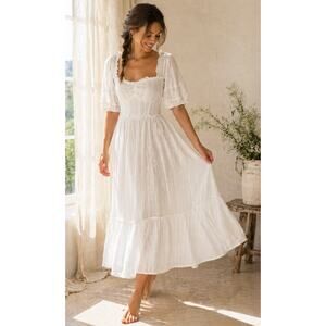 Emory Park White Cotton Midi Dress Puff Sleeve Sweetheart Cottage XS